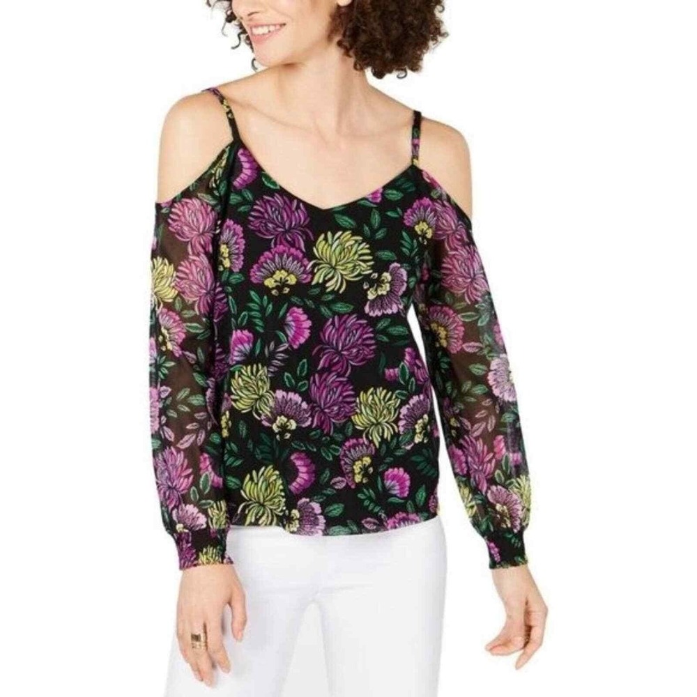 INC Cold‎ Shoulder Top Womens SP Decorative Lotus Floral Ruffle V Neck Stretch